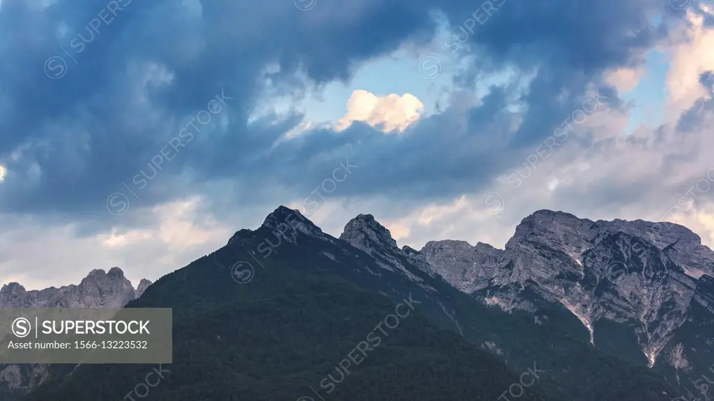 Italy, Veneto, Belluno, Dolomites. View of Monti del Sole and Piz de Mezodi as seen from Agordo.