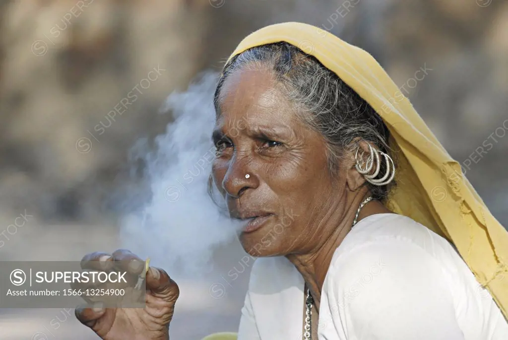 Old Bhil tribal woman smoking bidi, an Indian handmade cigarette made of tobacco or beedi leaves.