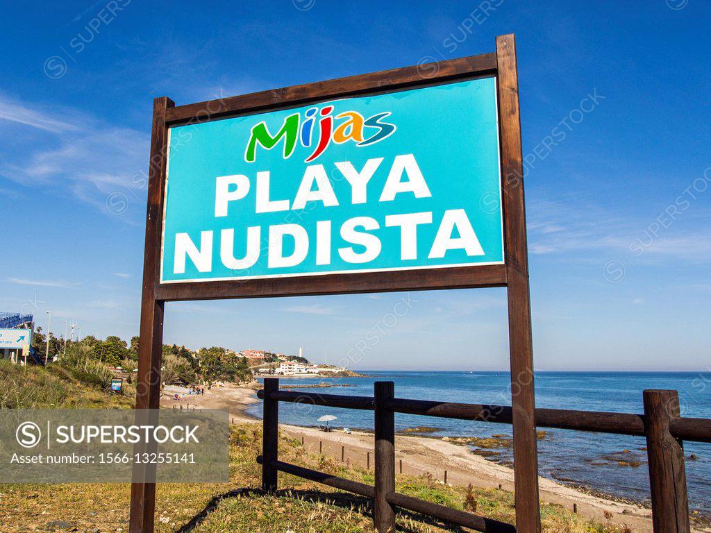 Nudist beach. Mijas Costa, Malaga province, Costa del Sol, Andalusia, Spain  Europe. - SuperStock