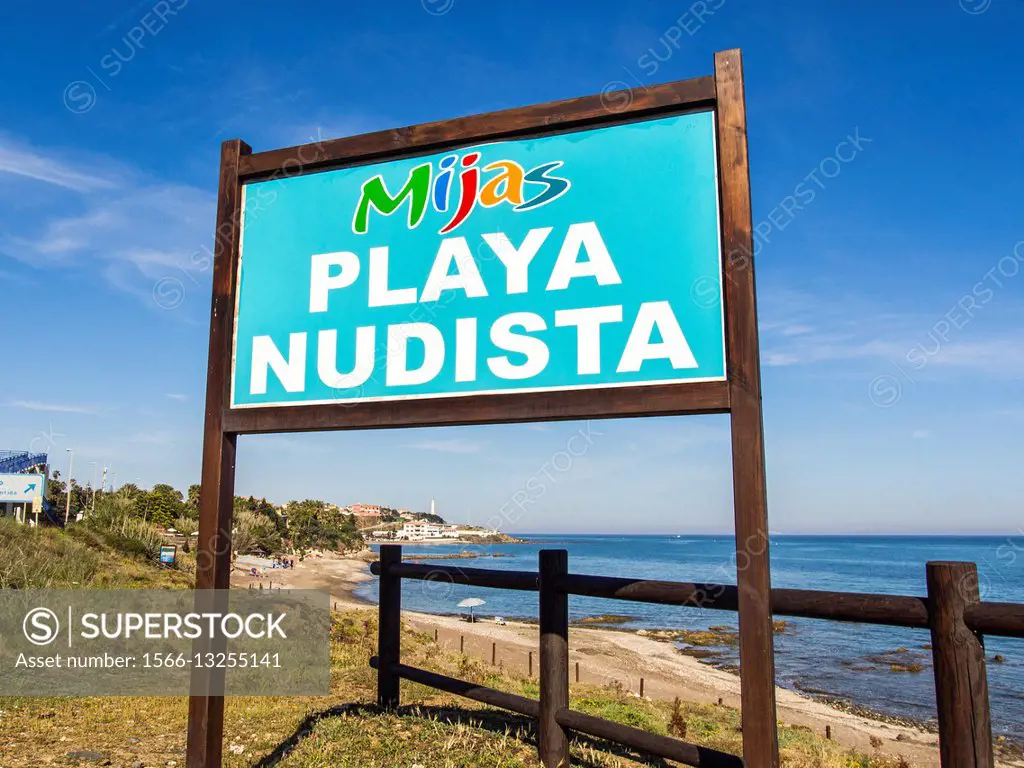 Nudist beach. Mijas Costa, Malaga province, Costa del Sol, Andalusia, Spain Europe.