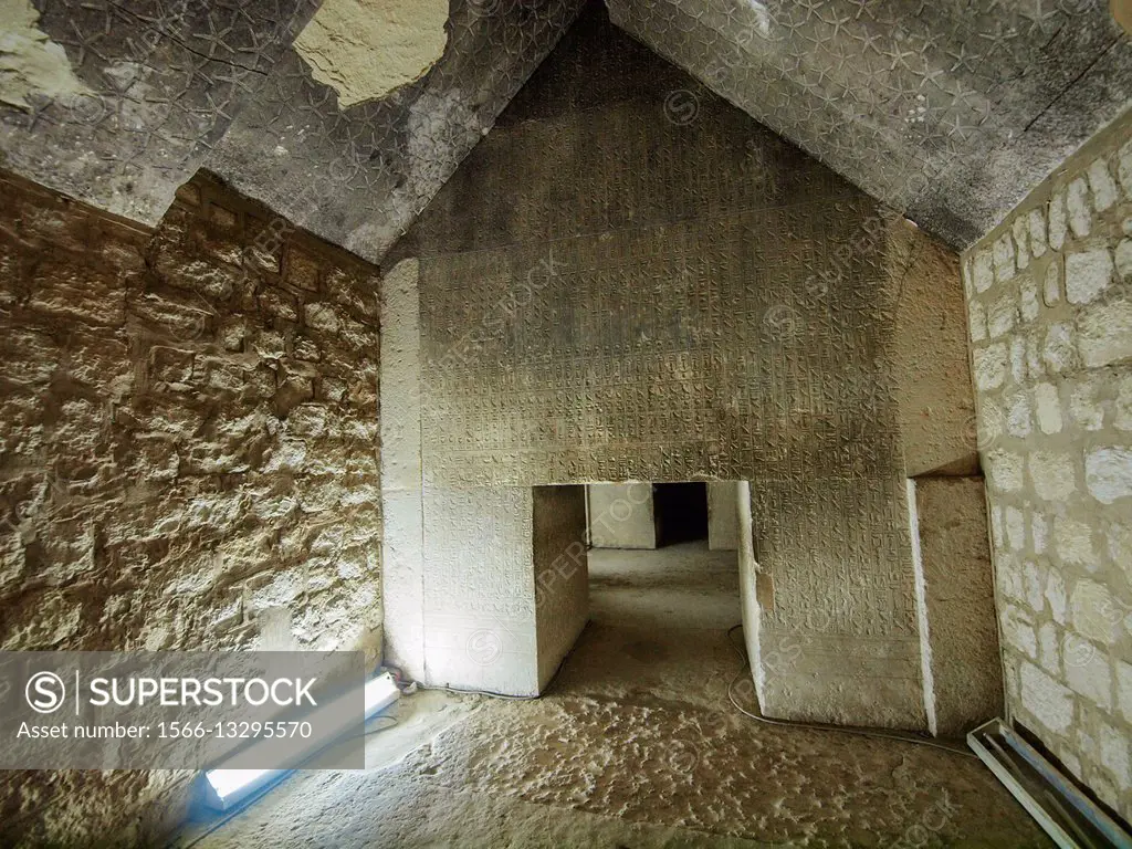 Text of the Pyramids (Book of the Dead) at Teti Pyramid. Archeological remains. Saqqara necropolis. Egypt.