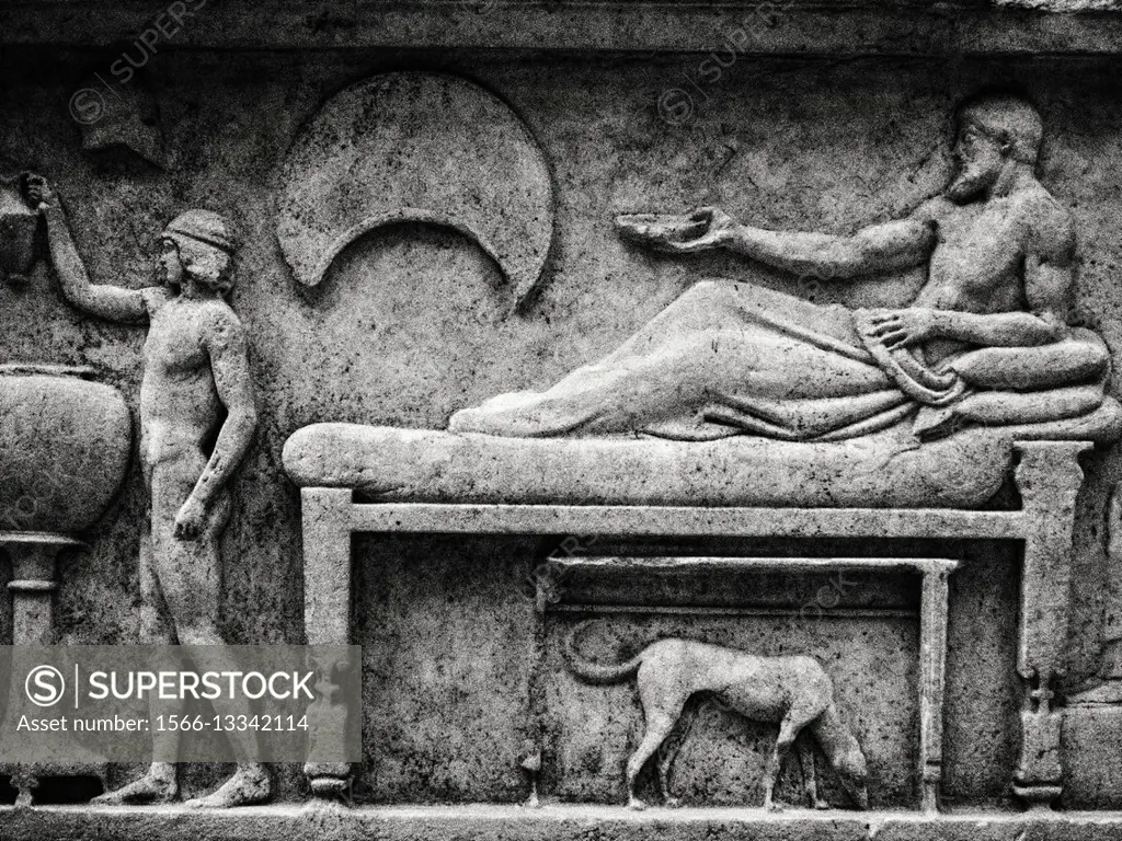 Grave stele from Piraeus. Funerary banquet scene. Classic collection. Archaeology Museum. Istanbul. Turkey.