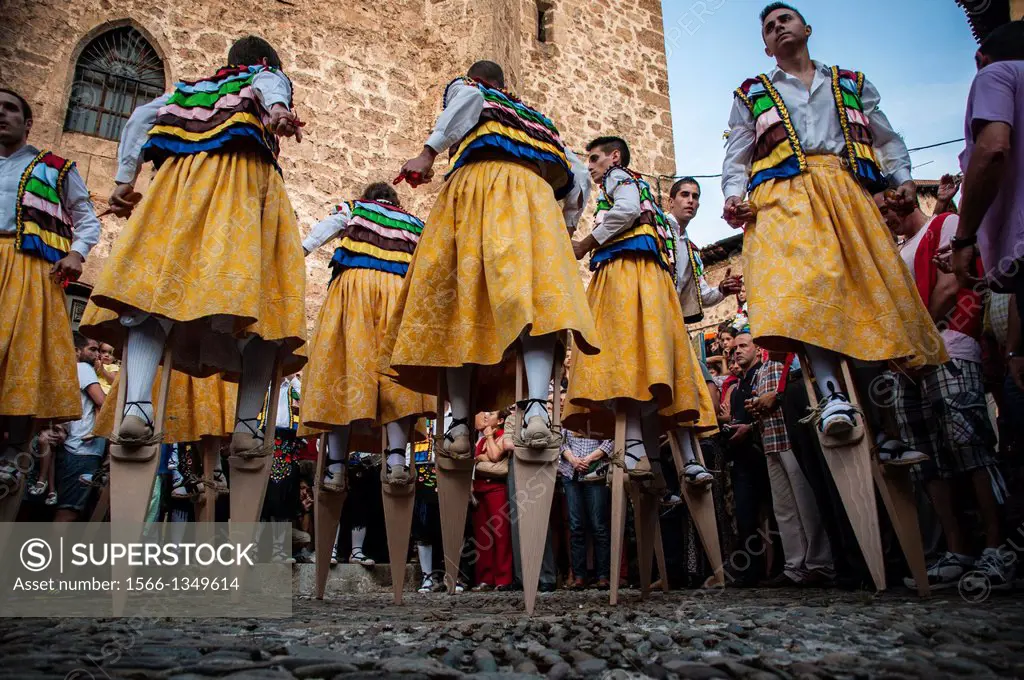 The dancers of Anguiano representing stilts dance. Anguiano, La Rioja, Spain.