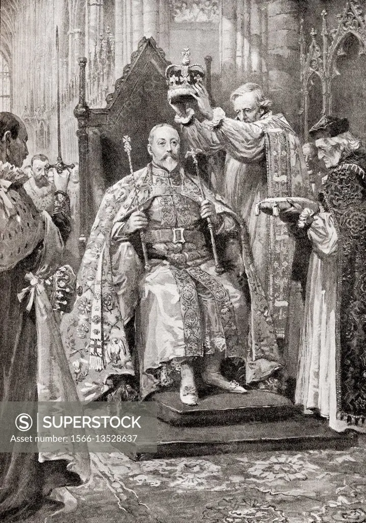 The archbishop of Canterbury crowning Edward VII as king. Edward VII, 1841-1910. King of the United Kingdom and the British Dominions and Emperor of I...