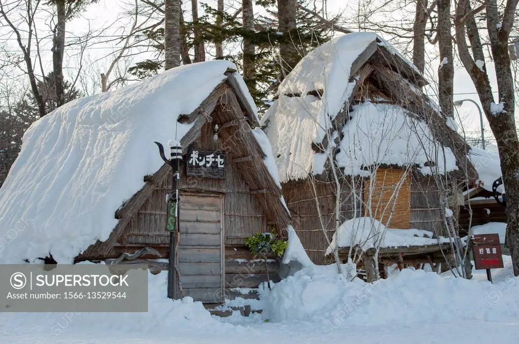 Ainu huts in Ainu Kotan, which is a small Ainu village in Akankohan in Akan National Park, Hokkaido, Japan.