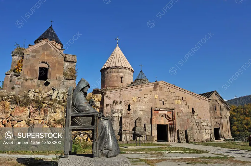 Statue of Mkhitar Gosh (1130-1213), writer, thinker, priest, founder of Goshavank Monastery, Gosh village, Dilijan National Park, Tavush region, Armen...