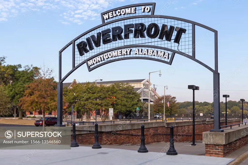 An arched welcome sign marks the entrance to Riverfront Park in Montgomery, Alabama.