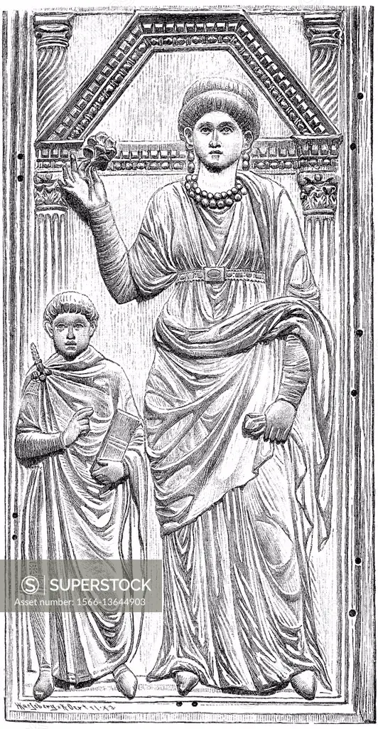 Young Valentinian III with his mother, Aelia Galla Placidia, 388-450, regent to Valentinian III from 423 until 437.