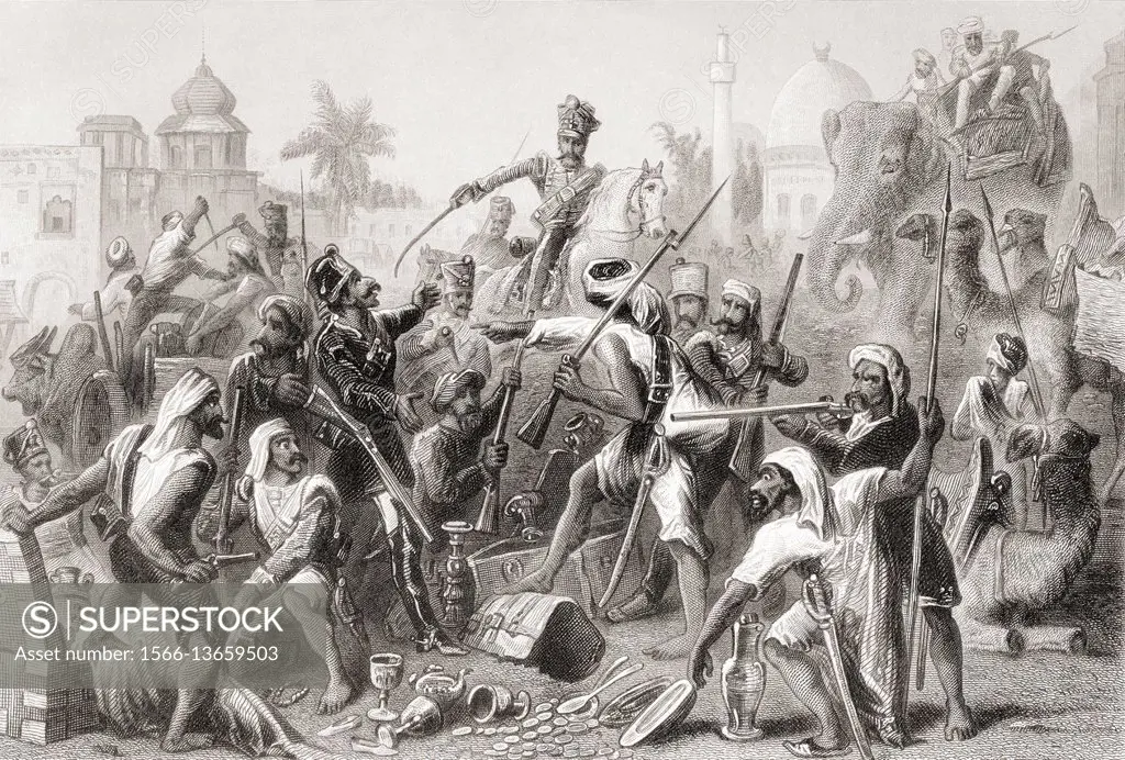 Mutinous Sepoys dividing spoils. From The History of the Indian Mutiny published 1858.