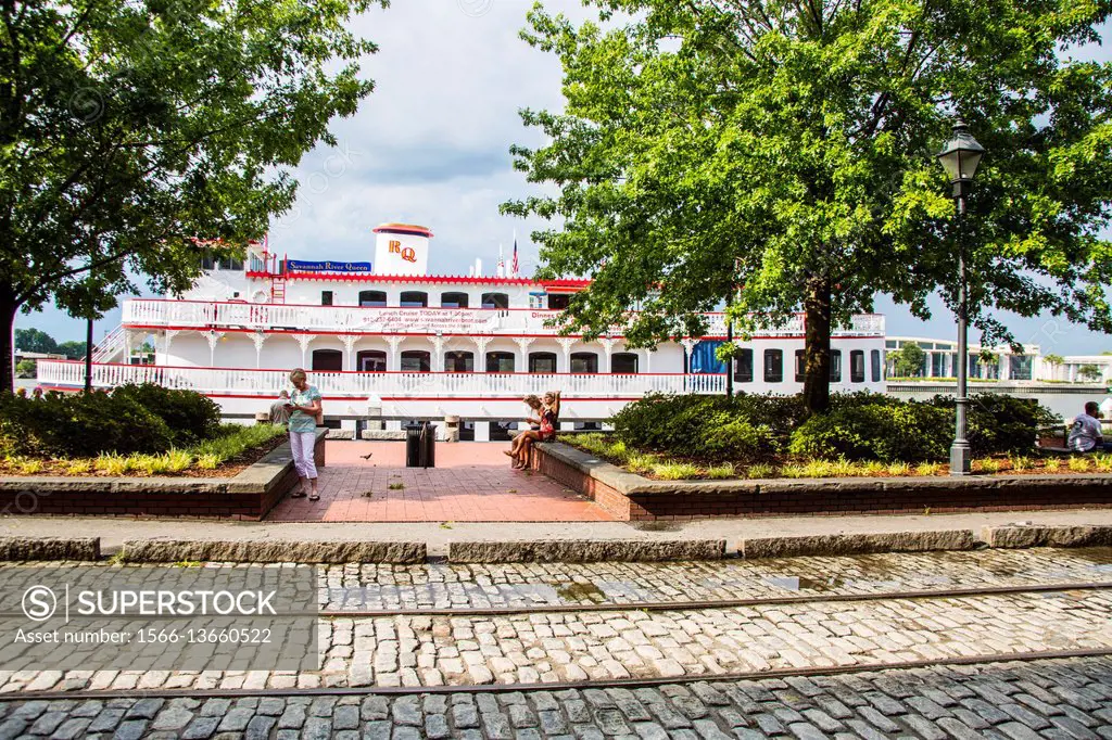 Savannah Riverboat cruises ""Georgia Queen"" approaches City Hall landing on the Savannah River in Savannah, Georgia.