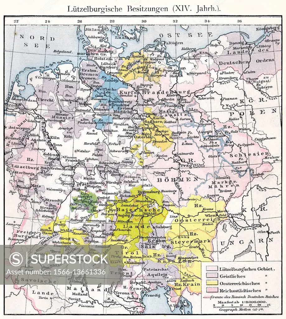 Historical map of the Holy Roman Empire under Charles IV, territory of the House of Luxembourg, 14th century.