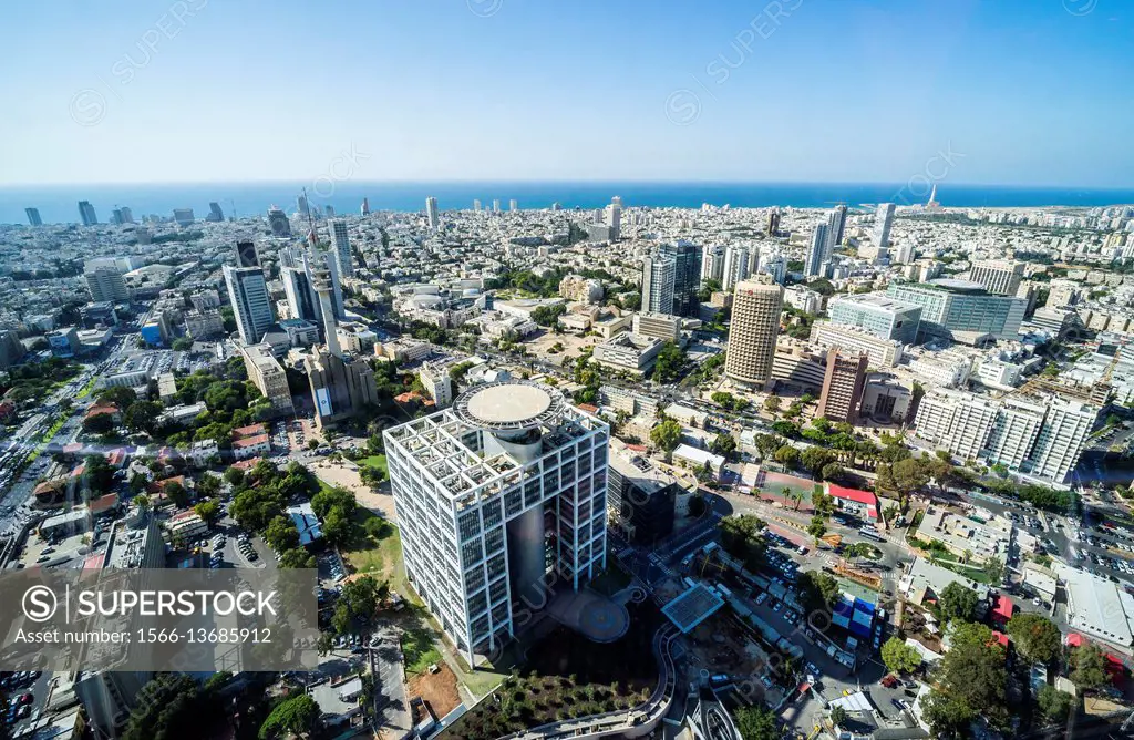 Matcal Tower in Camp Yitzhak Rabin - HaKirya in Tel Aviv city, Israel. Aerial view from. Azrieli Center Circular Tower.