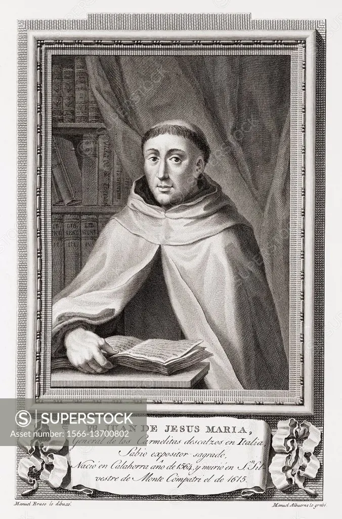 Juan de Jesus Maria, 1564 - 1615. Carmelite monk, writer and philosopher. After an etching in Retratos de Los Españoles Ilustres, published Madrid, 17...