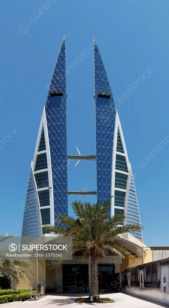 The Bahrain World Trade Center, the first skyscraper to integrate wind turbines into its design. Bahrain