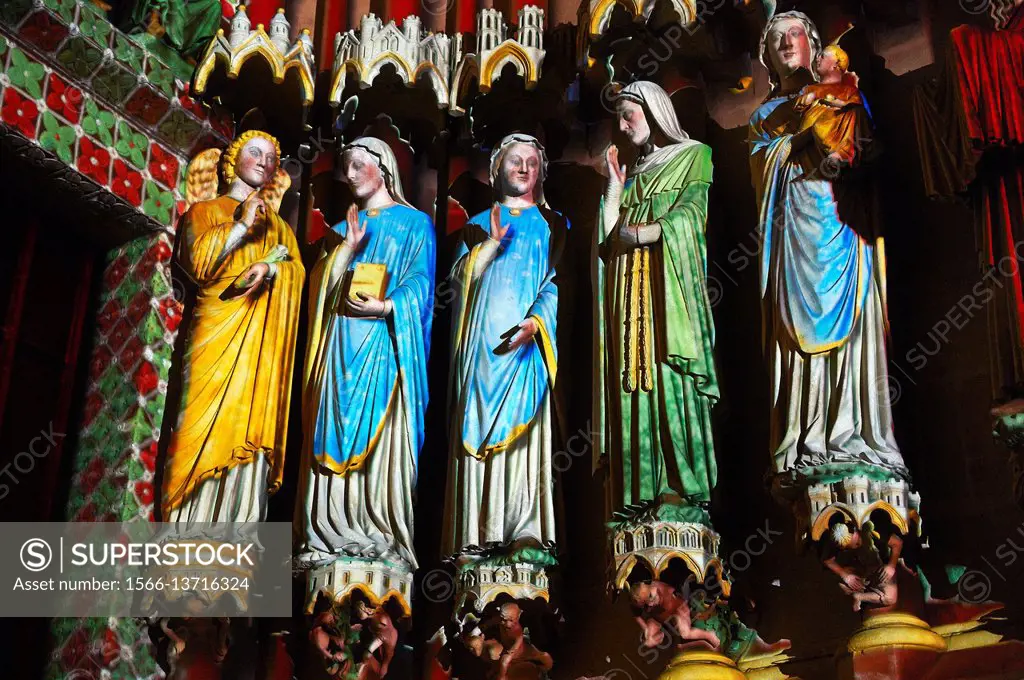 Reconstruction light show of the how the Gothic statues looked on the Gothic Cathedral of Notre-Dame, Amiens, France.