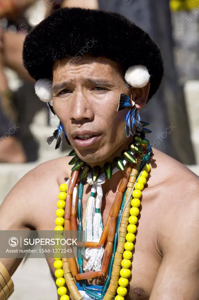 Angami tribal man with typical costume and head gear, Nagaland, Kohima. The Angamis are one of the major Naga tribes of Nagaland, India. They are hill...