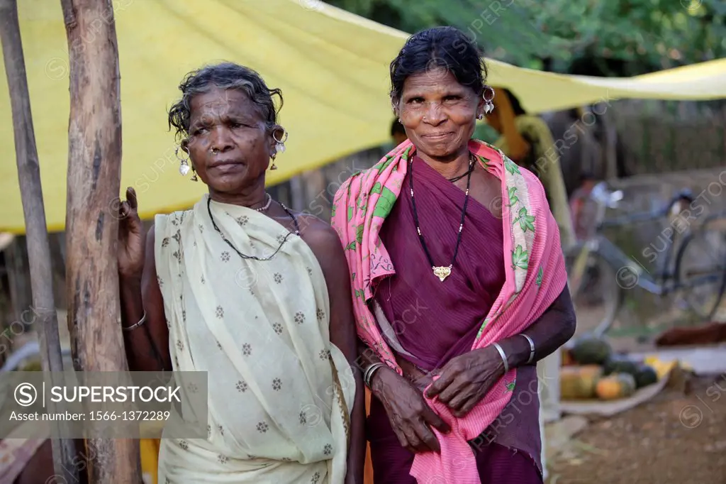 Two Madia tribe women, Bhamragad, Maharashtra, India. Madia are one of the endogamous Gond tribes living in Chandrapur District and Gadchiroli Distric...