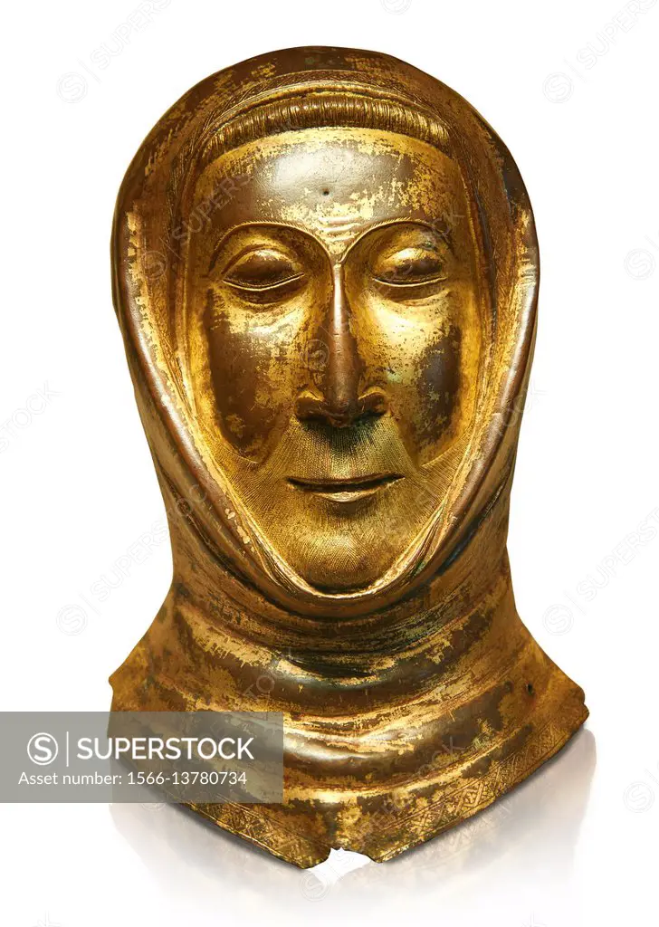 Medieval Gothic gold leaf funerary mask, end of 13th century made in Limoges. AD. From the Priory of Papillaye, Maine et Loire, the death mask came fr...
