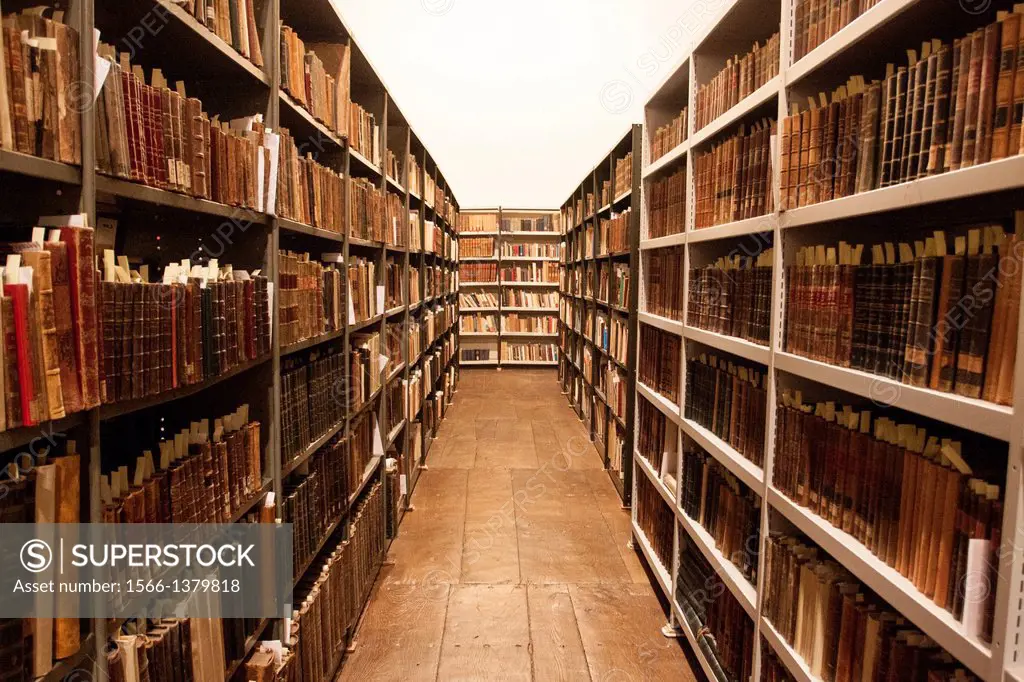 Old and historical books classified in the library situated inside Loyola Cathedral, Azpeitia, Basque Country.