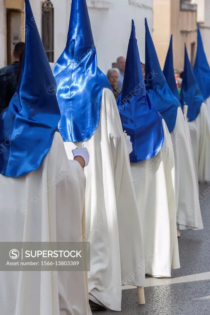 Brotherhood of our father Jesus resurrected during procession of Holy Week on Sunday of resurrection, Linares, Andalusia, Spain.