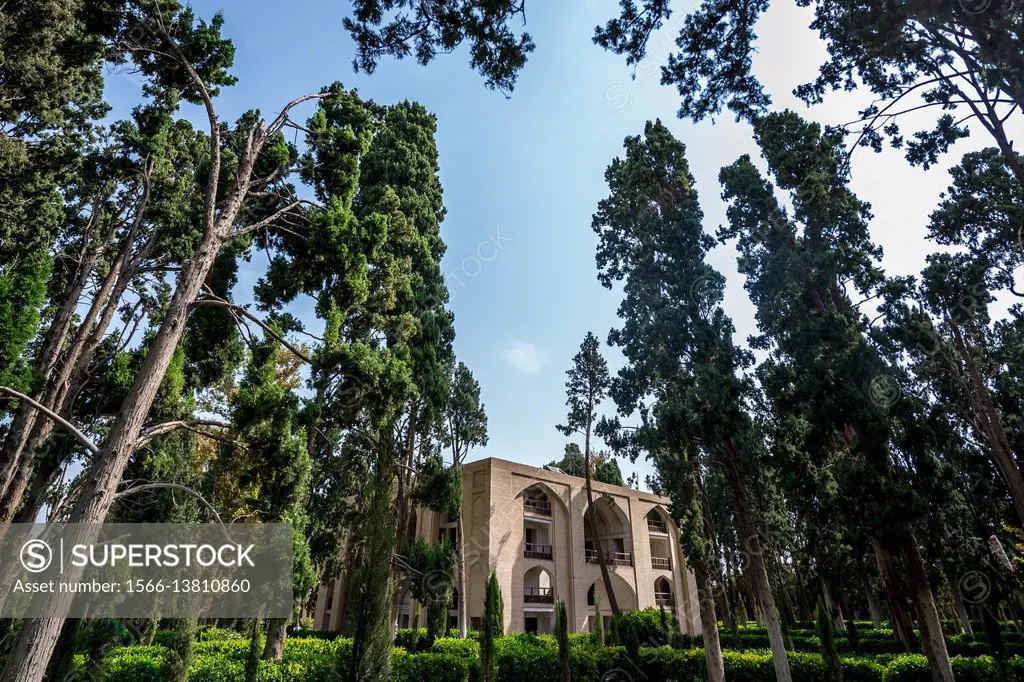 Cypress trees and central pavilion in Oldest extant Persian garden in Iran called Fin Garden (Bagh-e Fin), located in Kashan.