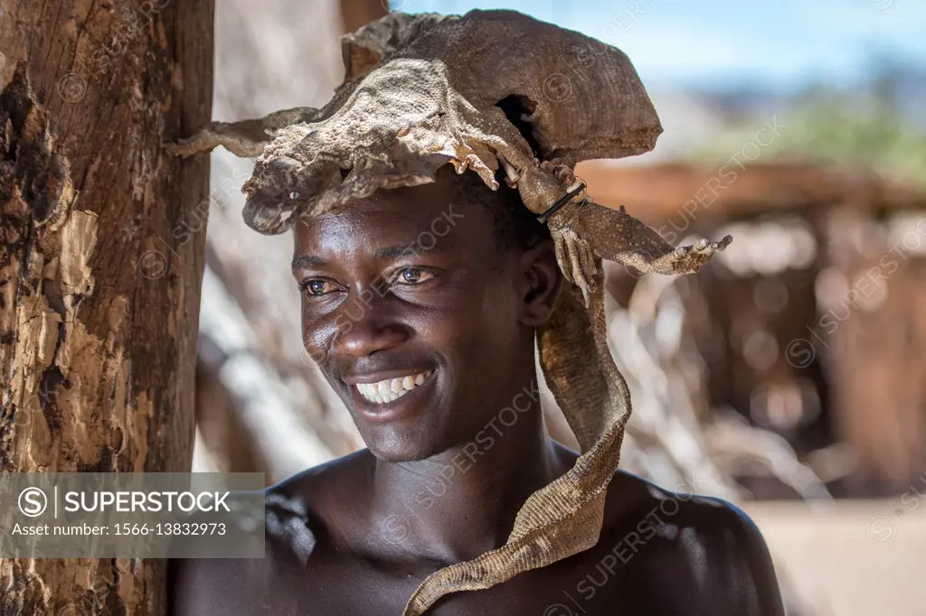 Portrait of a Damara man at the Damara Living Museum, located north of Twyfelfontein in Namibia, Africa.