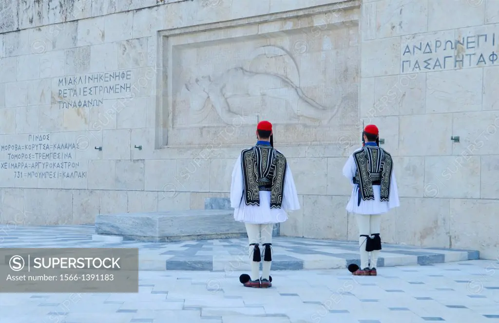 Athens Greece Changing of the Guard at Parliament and unknown soldier grave with soldiers in traditional outfits and marching.