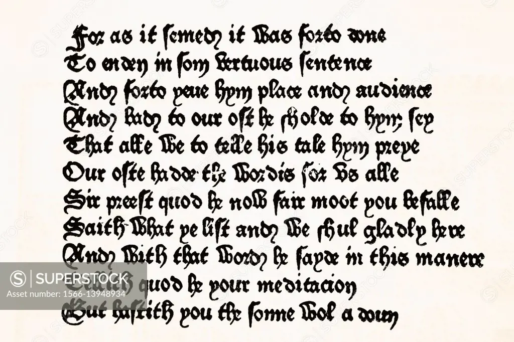 Page of The Canterbury Tales printed by William Caxton in 1476. From The National and Domestic History of England by William Aubrey published London c...