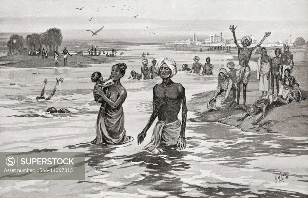 Famine sufferers drown themselves in the river Jamna aka Yamuna after a 13th century famine in northern India. From Hutchinson's History of the Nation...