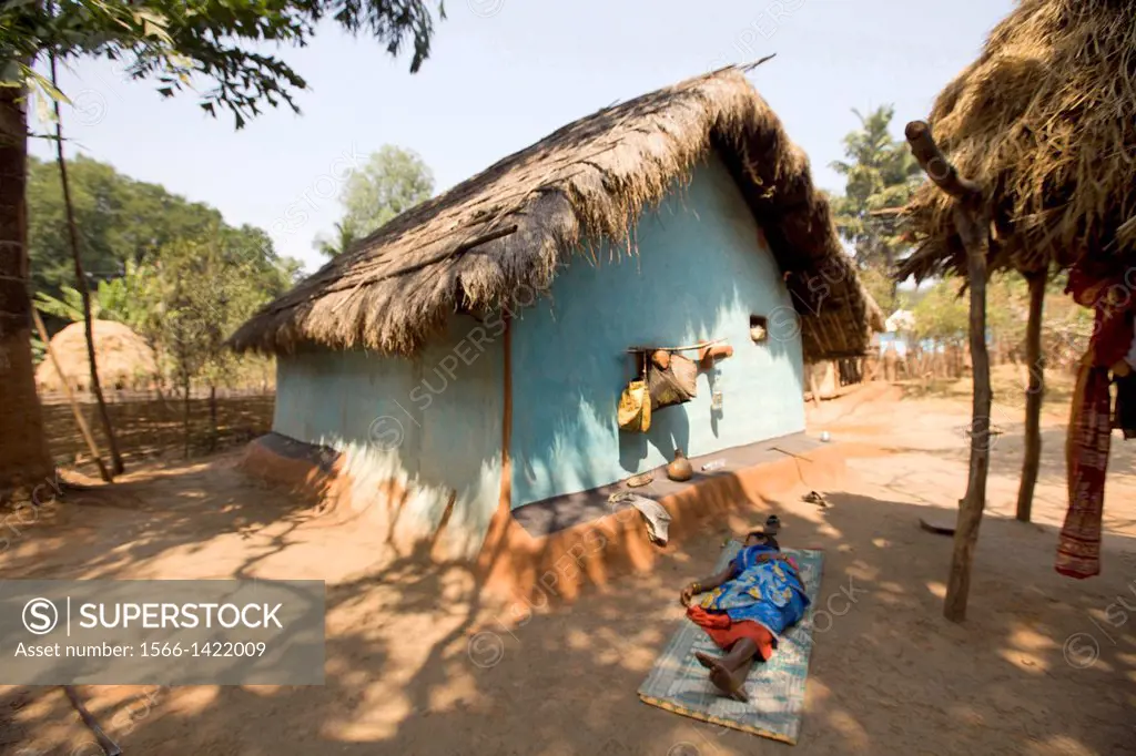 Tribal house and village scene, Odisha, India.