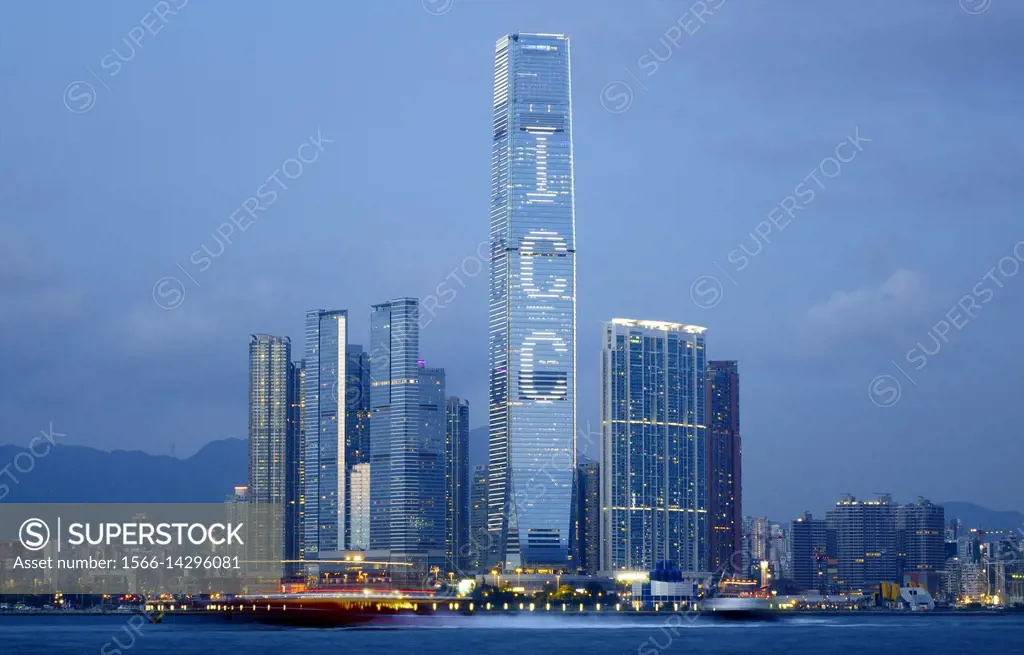 The new Kowloon skyline and Hong Kong's tallest building, The International Commerce Center ICC, Hong Kong, China.