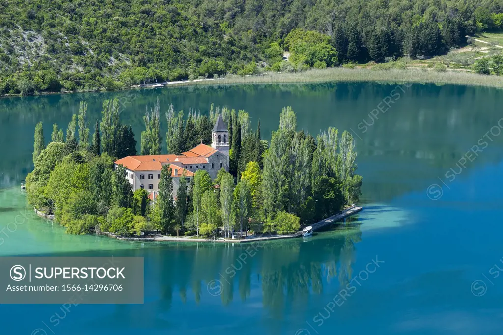 Visovac Monastery at Visovacko jezero, Krka National Park, Bristane, Sibensko-Kninska, Dalmatia, Croatia, Europe.