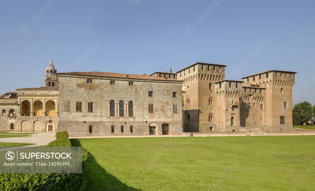 view of east side of Gonzaga Ducale Palace and fortress, shot in bright autumn sun light at Mantua, Lombardy, Italy.