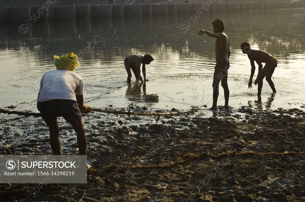 Fishermen fishing in the Hasdeo river ( Chhattisgarh state, India).