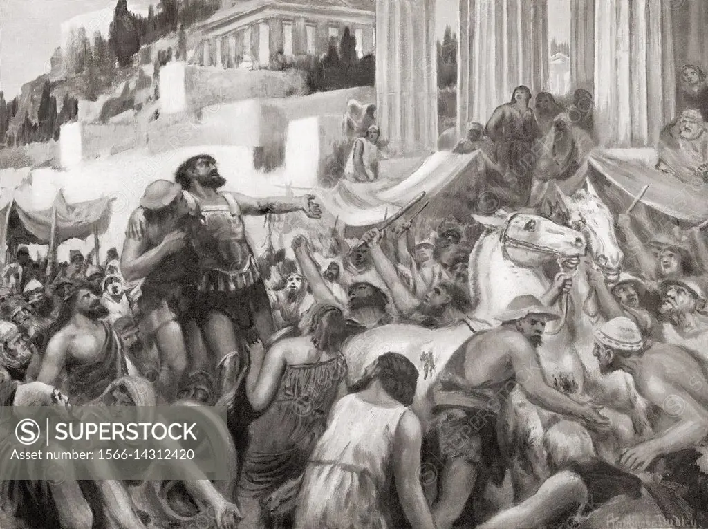 Peisistratus wishing to gain power in Athens secretly wounded himself, and, appearing in public covered in blood, accused his enemies of attacking him...