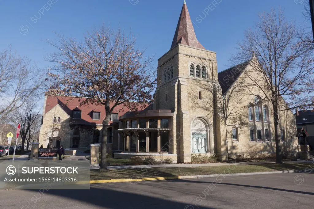 Autumn view of Unity Church-Unitarian Church showing the newly remodeled entrance foyer. St Paul Minnesota MN USA.