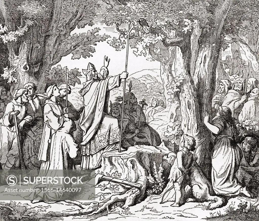 Saint Boniface felling the sacred oak aka The Donar Oak or Jove's Oak, Hesse, Germany. A sacred tree of the Germanic pagans, when Boniface started to ...