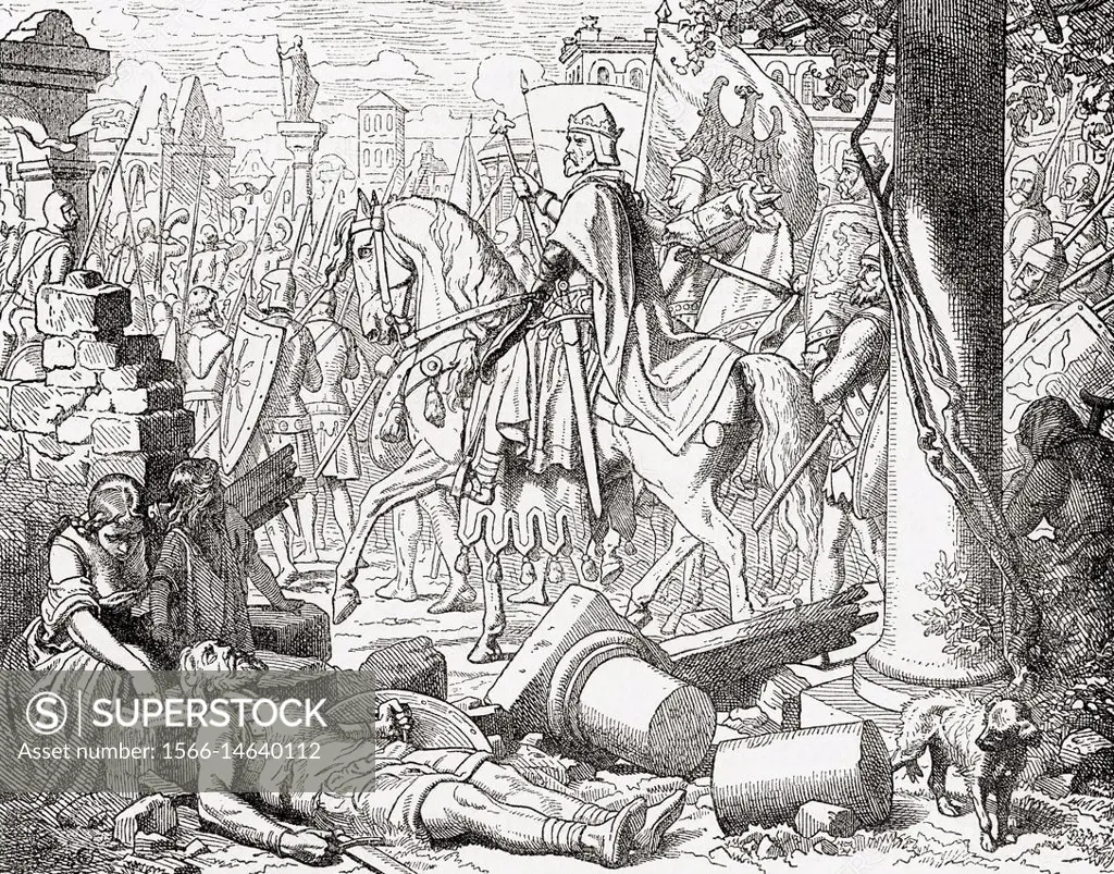 Frederick Barbarossa entering Milan in 1158. Frederick I, 1122 - 1190, aka Frederick Barbarossa. Holy Roman Emperor, king of Germany, king of Italy an...