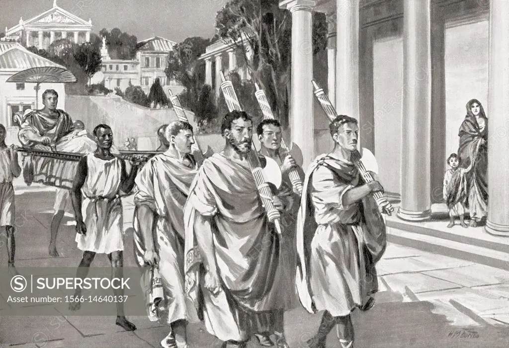 Lictors carrying fasces. In ancient Rome the Lictors were public officers and bodyguards to the chief Roman magistrates, they carried rods decorated w...