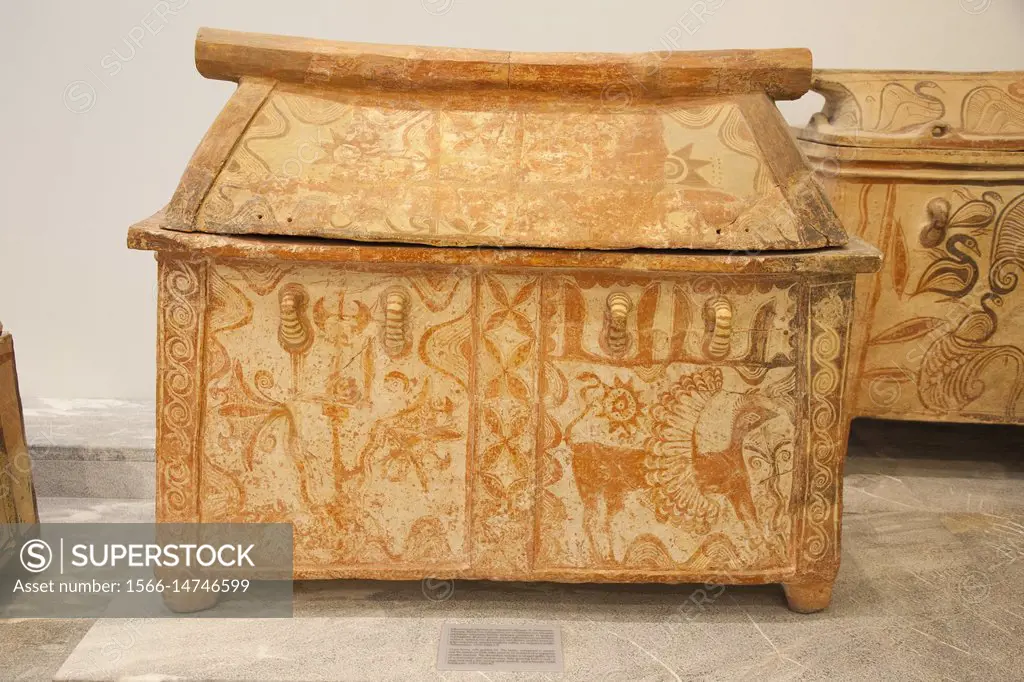Chest larnax with gabled lid found in Palaikastro dated 1370-1300 BC, Archaeological Museum of Heraklion, Iraklio, island of Crete, Greece, Europe.