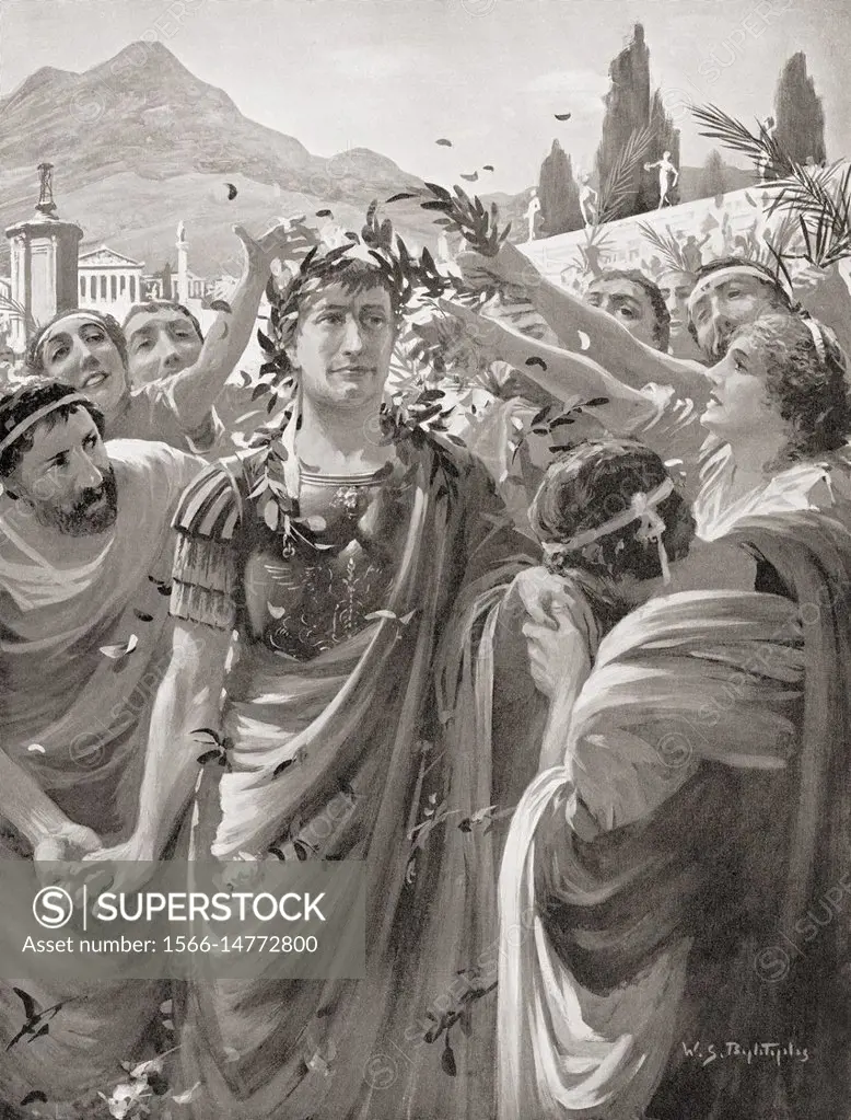 Flamininus at the Isthmian Games in Corinth, 196 BC proclaiming the freedom of the Greek states. Titus Quinctius Flamininus, c. 229-174 BC. Roman poli...