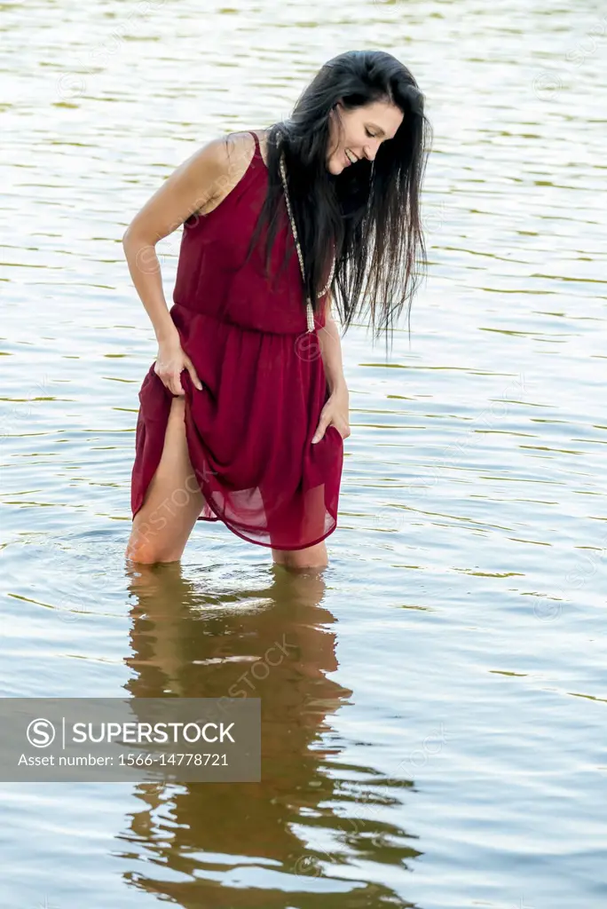 Beautiful Mature Adult Woman Swimsuit Stands Stock Photo