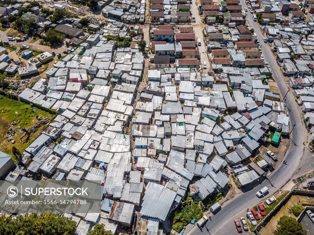 Imizamo Yethu Squatter Camp alongside affluent suburb of Hout Bay, Cape Town, South Africa.