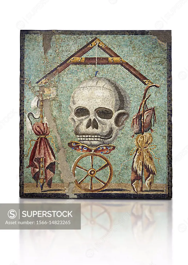 Roman mosaic depicting death (Memento Mori) inv no 109982, Naples Archaeological Musum, Italy.