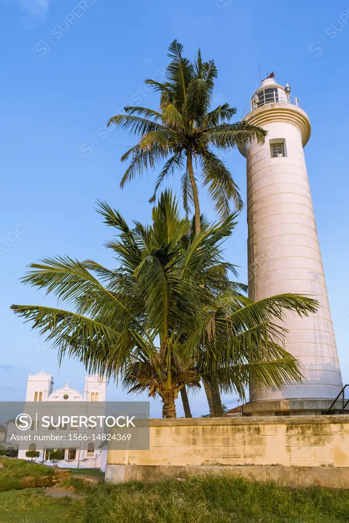 Lighthouse and Meeran Jumma Mosque in Galle Fort at Sunrise, Old Town of Galle and its Fortifications, Southern Province, Sri Lanka, Asia.