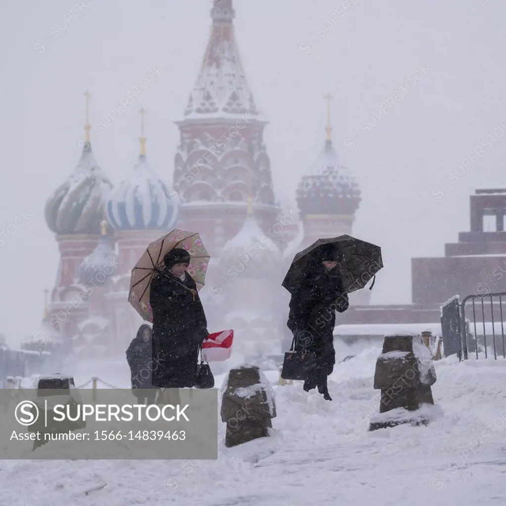 Heavy snowfall in Moscow. Red Square, Moscow, Russia.