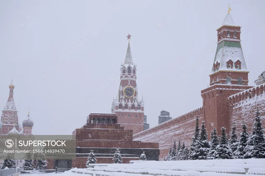 Heavy snowfall in Moscow. Red Square, Moscow, Russia.