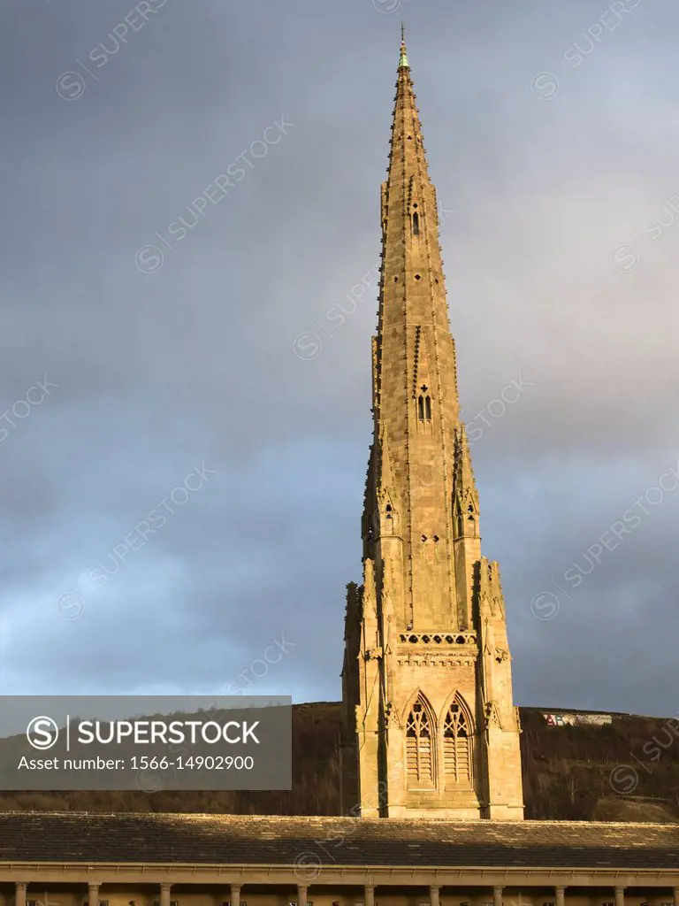 Old Church Spire at the Piece Hall at Sunset Halifax West Yorkshire England.