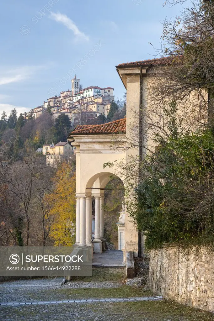 View of Santa Maria del Monte and one of the chapels of the sacred way. Sacro Monte di Varese, Varese, Lombardy, Italy.