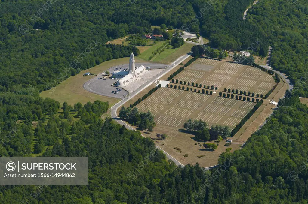 France, Meuse (55), Verdun, WWI battle fields, Douaumont, ossuary and cemetary (aerial view).